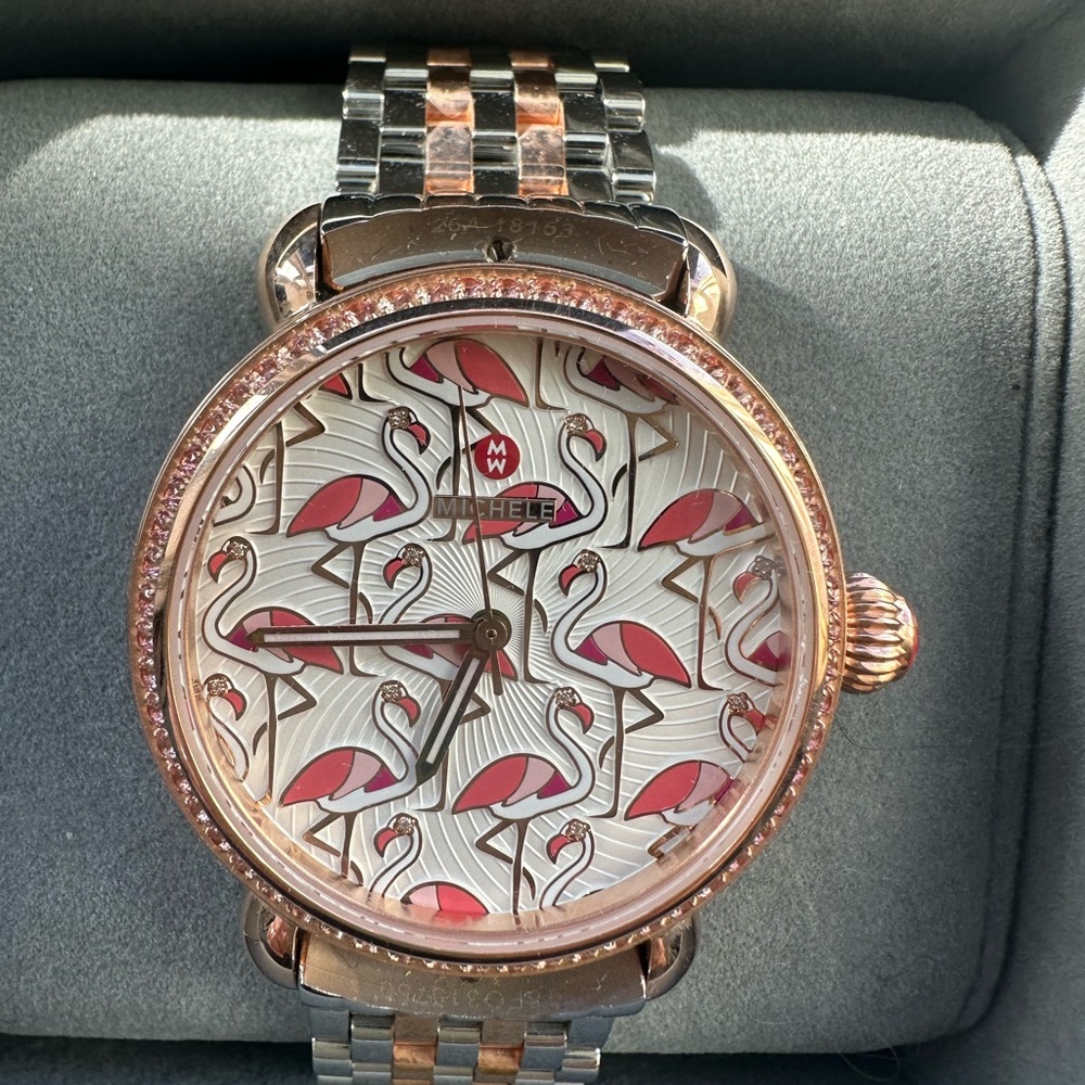 Fabulous Flamingo Michele Watch - Rose Gold & Silver. Exotic Creatures.